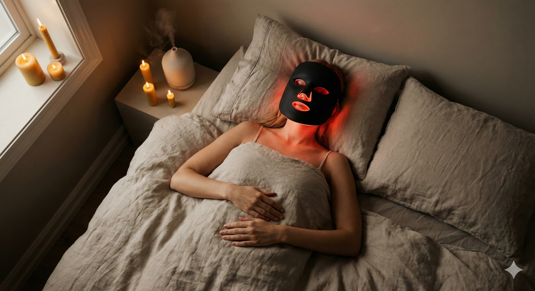 Woman relaxing in bed wearing black LuxRitual LED light therapy mask for sensitive skin calming treatment and stress relief.