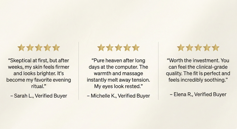 Three five-star reviews on a beige background